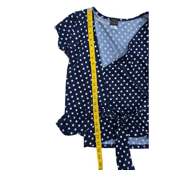 Womens Navy & White Polka Dot Wrap Top With Cap Sleeves Size M - Picture 4 of 5